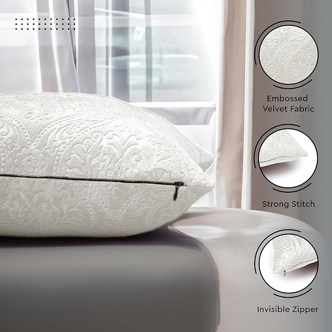 Encasa XO Luxury Embossed Velvet Throw Pillow Covers - Plush Cushion Covers for Elegant Living Rooms & Bedrooms, Machine Washable, 18"x18" Cream | Set of 2 | Covers Only No Insert