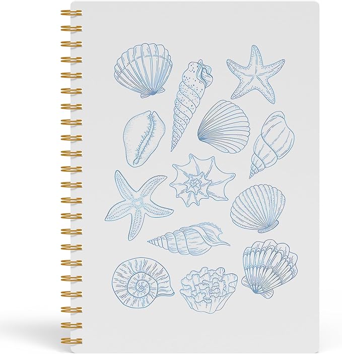 Blue Beach Notebook, Coastal Ocean Journal, Beachy Seashell Starfish Conch Journal for Writing, Beach Lover Gifts for Women, Marine Biology Spiral Notebook, 5.5x8.3 Inch 556