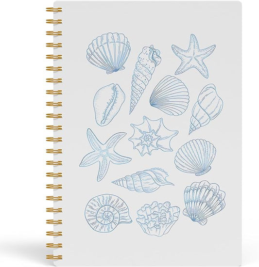 Blue Beach Notebook, Coastal Ocean Journal, Beachy Seashell Starfish Conch Journal for Writing, Beach Lover Gifts for Women, Marine Biology Spiral Notebook, 5.5x8.3 Inch 556