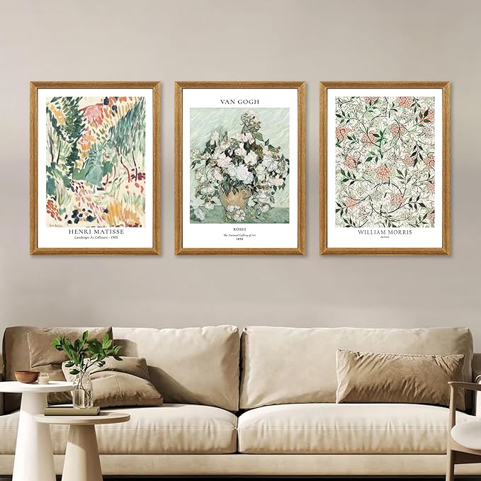 Fantasy Artists Framed Colorful Wall Art Set of 3 Impressionism Henri Matisse Van Gogh William Morris Flower Botanical Abstract Artwork Prints for Living Room Bedroom Bathroom 16" x 24"