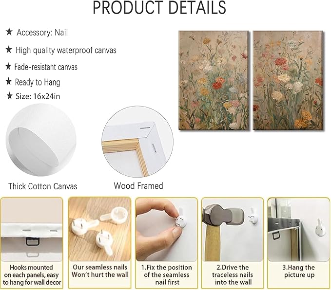 Wildflower Canvas Wall Art Rustic Farmhouse Floral Poster Prints Vintage Botanical Flower Picture Painting Artwork Wall Decor for Living Room Bedroom Office 16x24in Framed