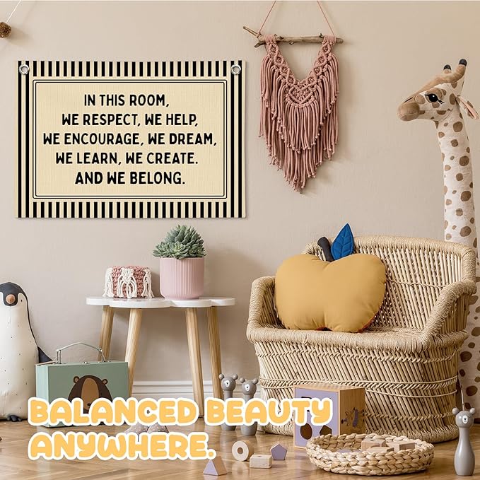 Classroom Decor, Retro Classroom Wall Hanging Canvas Banner Prints, in This Room We Respect Help Striped Wall Art Decor for Kids Nursery Toddler Room Bedroom Playroom, 30x20 Inch