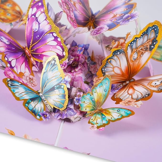 3D Bouquet Butterflys Purple Pop Up Thank you Card, Teacher Appreciation Card, Handmade Flowers Box Greeting Cards with Note and Envelope for New Year Anniversary