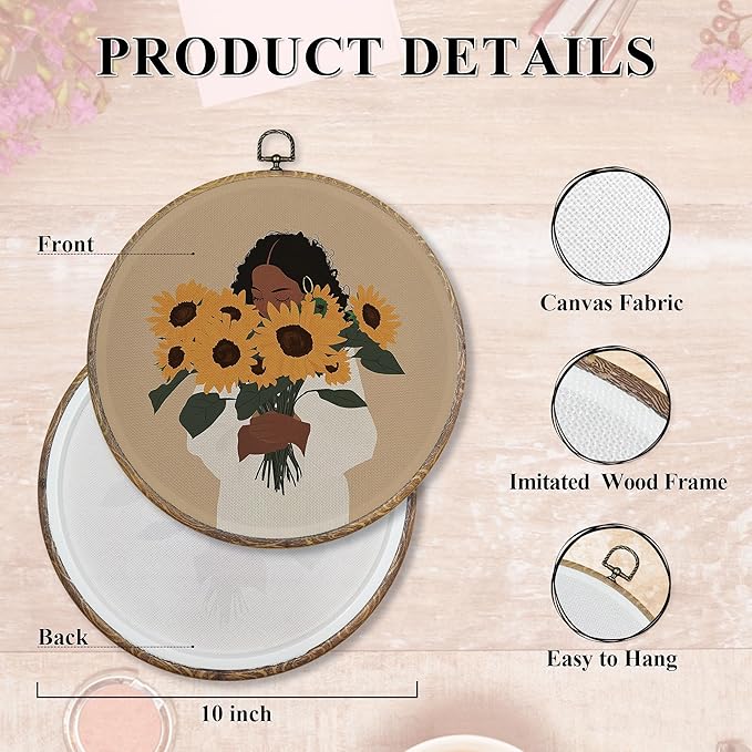 FUGWN Vintage Black Women Floral Round Wall Art Decor Framed, African American Flower Canvas Artwork Prints, Black Women Gifts Wall Hanging Decorations for Home Bedroom Living Room, 10x10 Inch