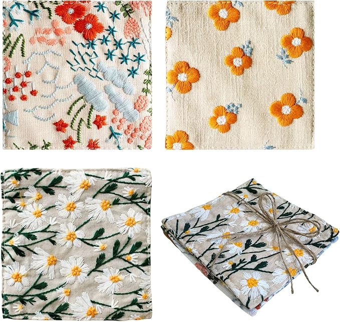 Embroidered Floral Cloth Coasters 4 Inch, Decorations for Kitchen Table, 100% Cotton Fabric Absorbent Coaster