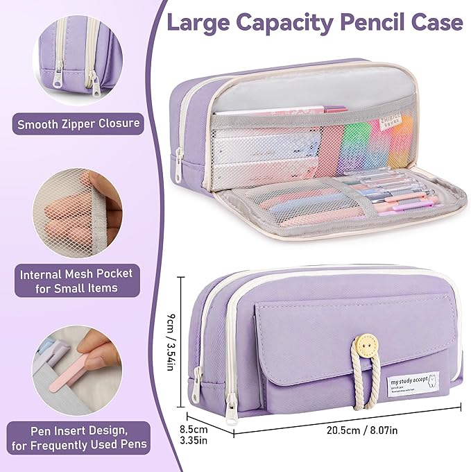 61 PCS Aesthetic School Supplies with Cute Pen Case, Pastel Highlighters, Gel & Erasable Pens, Mechanical Pencils, Refills, Complete Essentials Stationery Kit for Students (Purple)