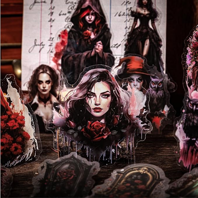 180-Piece Gothic Vampire Scrapbook Stickers – Vintage Medieval Red Dark Horror Aesthetic Witches, Vampires, Roses, Skeletons Decals for Halloween Crafting, Journaling, Art Projects, Planners