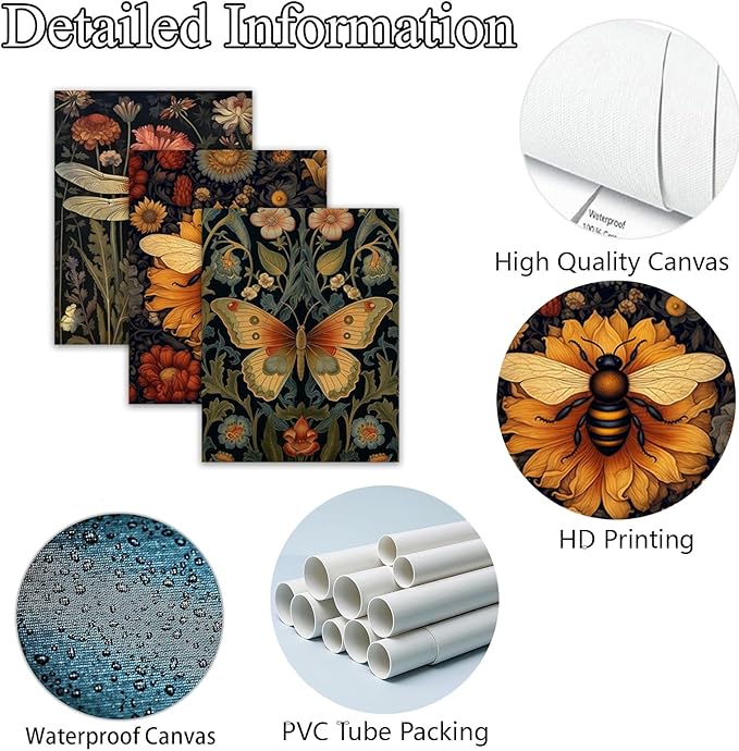 3 PCS William Morris Canvas Wall Art for Home Decor Bee Dragonfly Butterfly Painting Poster William Morris Botanical Insects Pictures Prints Wall Decor for Living Room Bedroom Home Decorations 12×16 in(Poster No Frame)