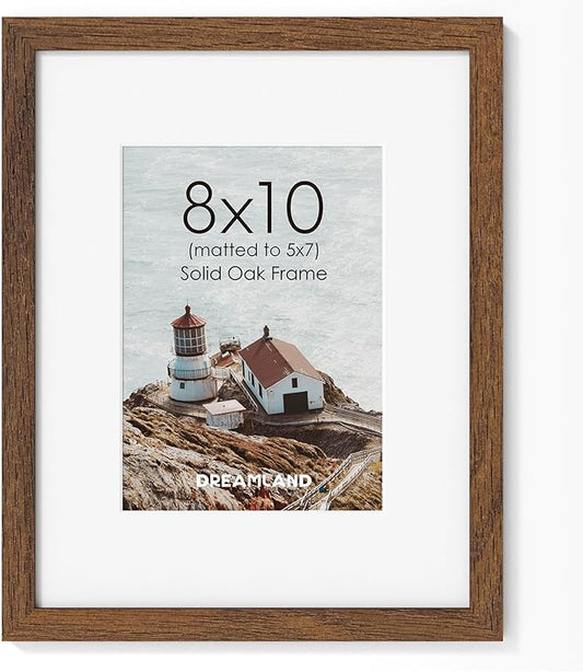 Dreamland 8x10 Picture Frame, Solid Oak Wood Photo Frame with Mat for 5x7, 8 x 10 Matted Picture Frames with Resistant Plexiglass for Wall Mounting or Tabletop, Walnut Color, Set of 1