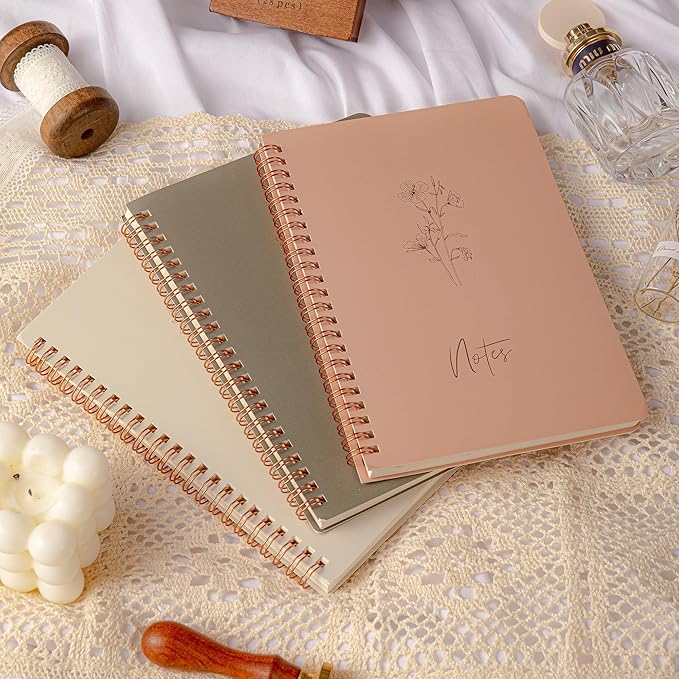 3 Pcs Spiral Notebooks For Women - Aesthetic College Ruled Journal/Notebook with Large Pockets & 7mm 60 Sheets Lined Pages - for School and Office Supplies（A5, 5.7" x 8.3"）