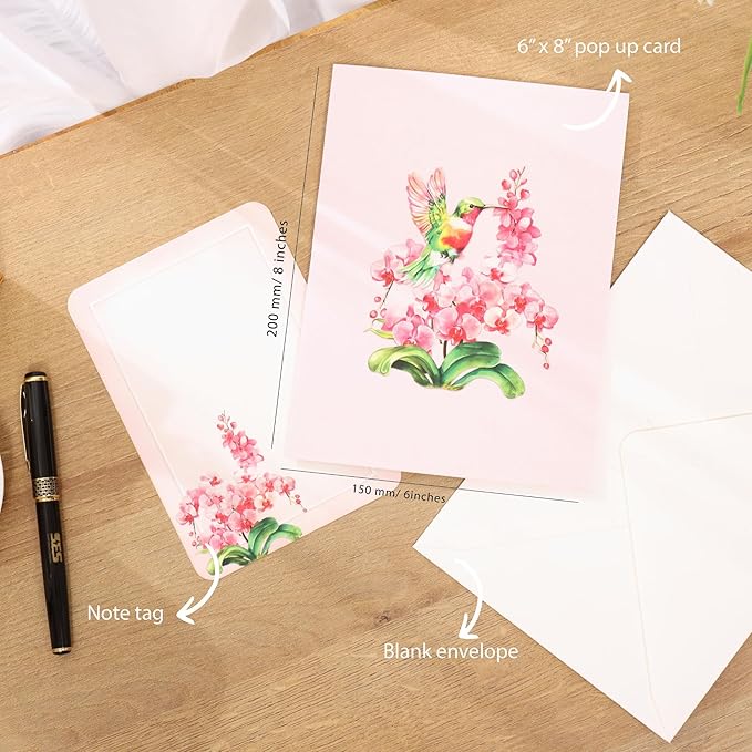 Pop Up Birthday Cards Hummingbird Orchid Flower, 3D Mother's day Card for Women, Mom, Wife, Daughter, Her, Sister, Girlfriend, Grandma, Ideal Gift for Valentines , Thank You, Anniversary, Get Wel