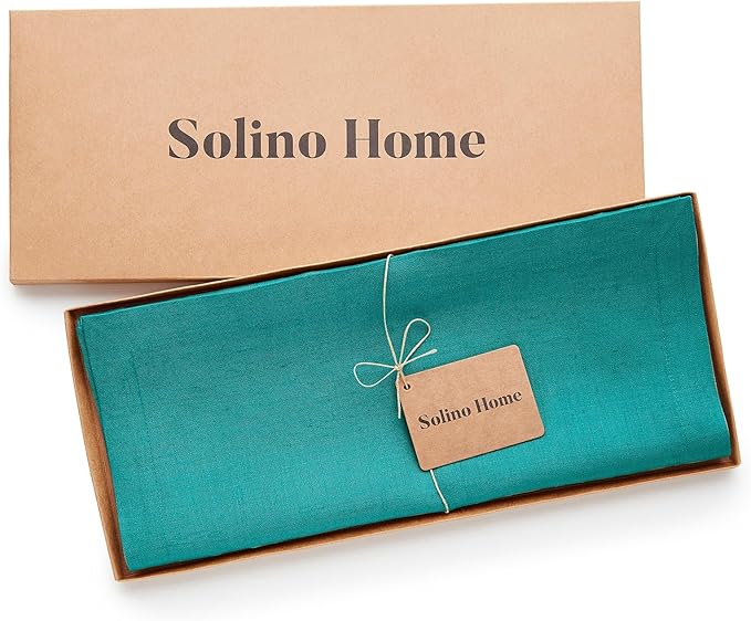 Solino Home Linen Teal Table Runner 90 Inches Long - 100% Pure Linen 14 x 90 Inch Table Runner for Dining - Fete, Handcrafted and Machine Washable