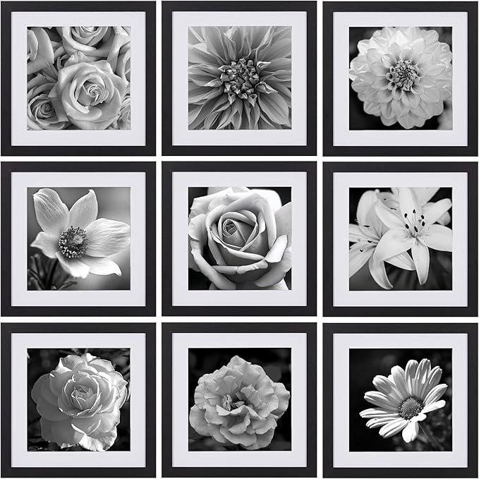 eletecpro 10x10 Picture Frames Set of 9 with Mat for 8x8 Photos or without Mat for 10x10, Square Gallery Wall Decor Collage for Picture Display, Black Frame Set for Wall Hanging