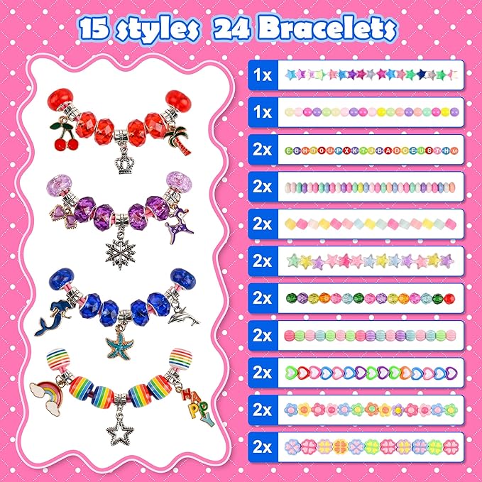 Ulema 24 Pack Return Gifts Charm Bracelet Jewelry Making Kit, Cartoon Arts Crafts Gifts Set, Can Inspires Imagination and Creativity, Goodie Bags Stuffers, Classroom Prize, Birthday Gift for Women.