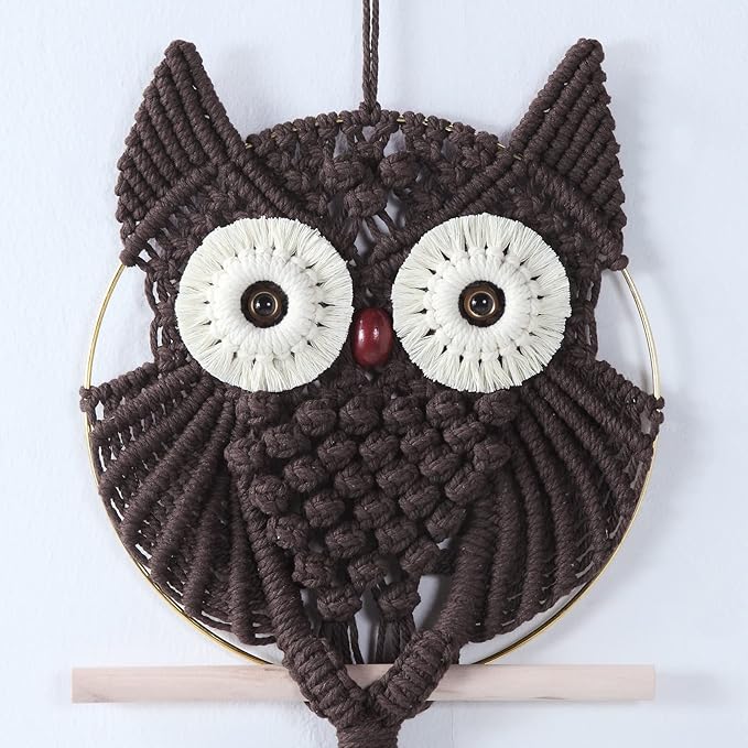 MVSUTA Owl Chocolate Cotton Handmade Macrame Wall Hanging Tapestry Home Decor Art and Bronze Craft Wonderful Decoration Woven Boho Ornament for Office Bedroom Apartment Living Nursery Gallery,1pc