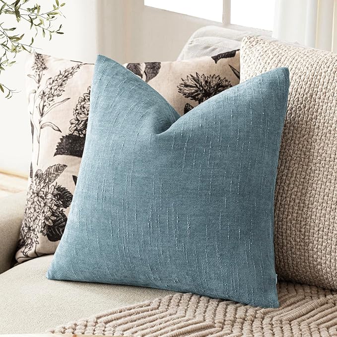 Foindtower Pack of 2 Textured Chenille Throw Decorative Pillow Covers Square Accent Solid Cushion Cover Neutral Farmhouse Pillow Case for Couch Sofa Bedroom Living Room 20x20 Inch,Light Blue