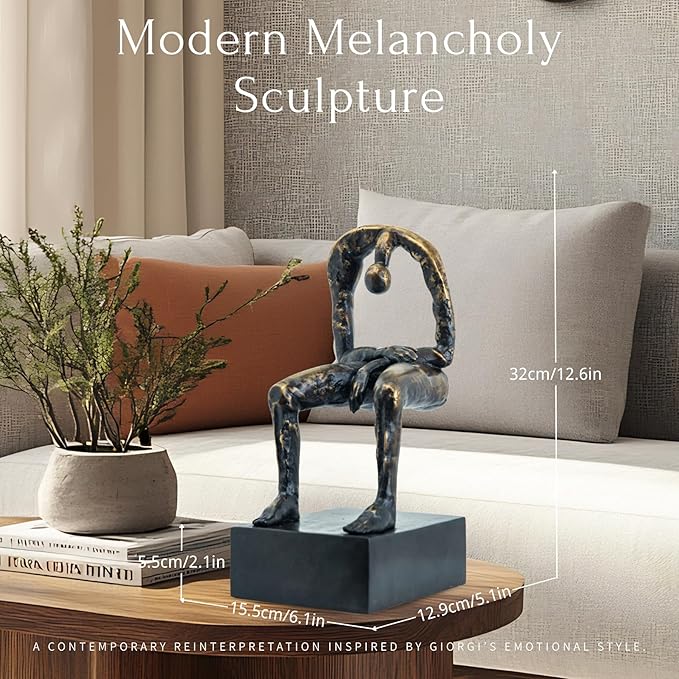 R REALONG Melancholy Remembrance Sculpture – Bronze Black Lost-Wax Solid Bronze Statue, Handcrafted Hot-Cast Memorial Figurine, 6.1"x5.1"x12.6", Emotional Minimalist Art for Honoring Loved Ones