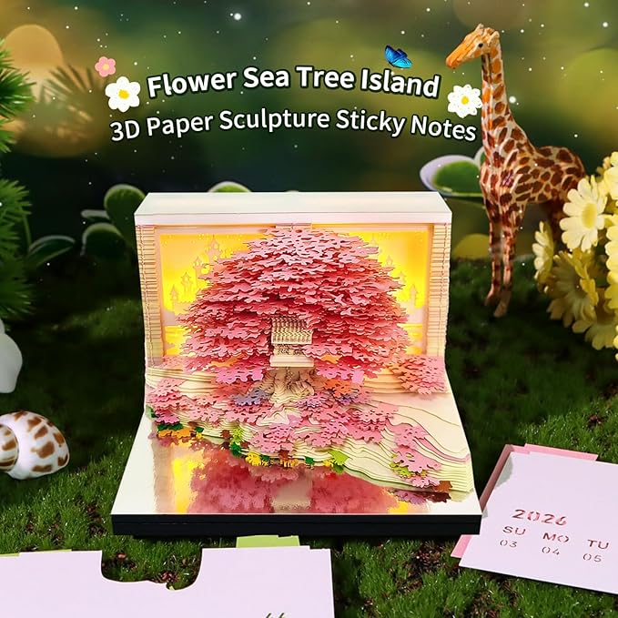3D Calendar 2026, Flower Sea and Tree Island Time Piece Calendar 2026, Daily Tear-Off Memo Pad with LED Glow, Paper Carving Desktop Decoration, Unique Holiday & New Year Paper Craft Gift, Pink