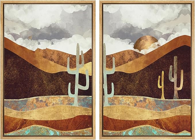 SIGNWIN Framed Canvas Print Wall Art Set Geometric Granite Desert Cactus Landscape Nature Wilderness Illustrations Modern Art Colorful for Living Room, Bedroom, Office - 16"x24"x2 Natural