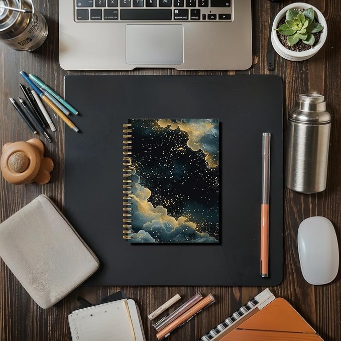 Moody Starry Night Sky Notebook, Dark Academia Witchy Gothic Journal, Fantasy Abstract Mystical Celestial Journal, Vintage Maximalist Blue Gold Galaxy Spiral Notebook, 5.5x8.3 Inch