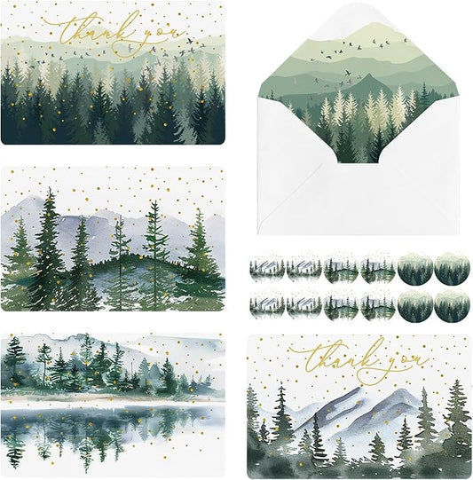 Artoid Mode 36 Pack Mountain Tree Forest Thank You Cards Golden Polka Dot Greeting Cards Gift With Envelope Sticker Blank Note Cards for Birthday Wedding Baby Shower Bridal Shower, 4 x 6 Inch