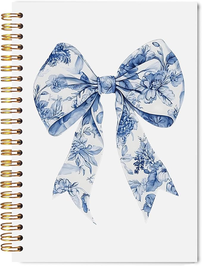 Chinoiserie Bow Spiral Notebook 5.5x8.3, Blue and White Floral Journaling Notebooks, Grandmillennial Bow Journal, Aesthetic Notebooks for Note Taking, Preppy Girly Journals for Writing