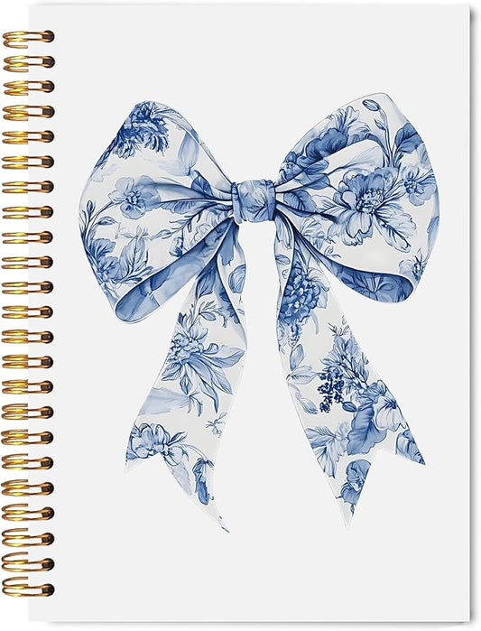 Chinoiserie Bow Spiral Notebook 5.5x8.3, Blue and White Floral Journaling Notebooks, Grandmillennial Bow Journal, Aesthetic Notebooks for Note Taking, Preppy Girly Journals for Writing