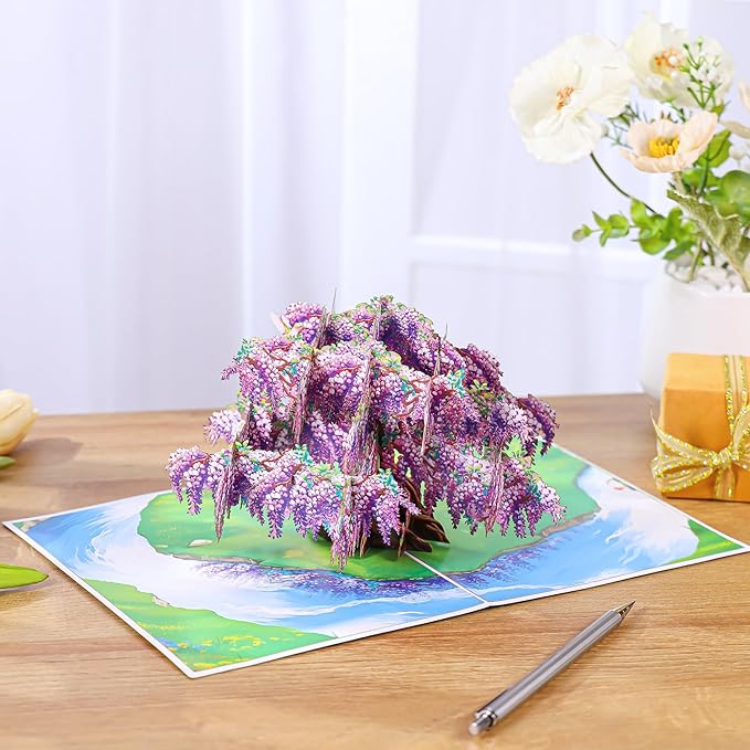 Wisteria Tree Pop-Up Mother's Day Cards, 6x8 in Birthday Card for Mom, Gift for Birthday, Anniversary, Mothers Day, Thank You, Get Well, All Occasion for Women, Her, Wife, Sister, Daughter, Grandma