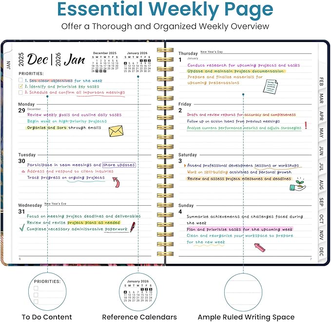 2026 Planner, Weekly and Monthly Planner for Women, January 2026 to December 2026, Pretty Hardcover 2026 Calendar Planner Book with Tabs, Inner Pocket, Spiral Bound, Perfect Office Home School Supplies - 6.3" x 8.5", Midnight Jungle