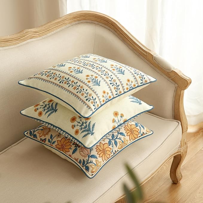 ISAENNE Design Simple Elegant Linen Throw Pillow Covers Set of 4, Blue Yellow Floral Pattern Cushion Covers Decor Lumbar Round Square Pillowcases for Bed,Living Room,Outdoor,Car