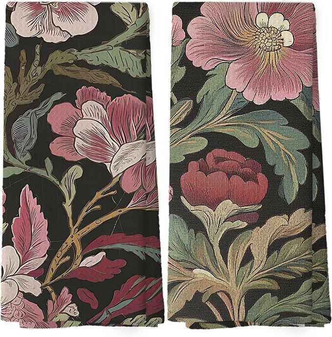 Vintage Boho Floral Kitchen Dish Towels Set of 2, Retro Wildflower Mid Century Botanical Cottagecore Dark Academia Hand Towels Kitchen Bathroom Farmhouse Tea Towels Decorations, 16x24inch