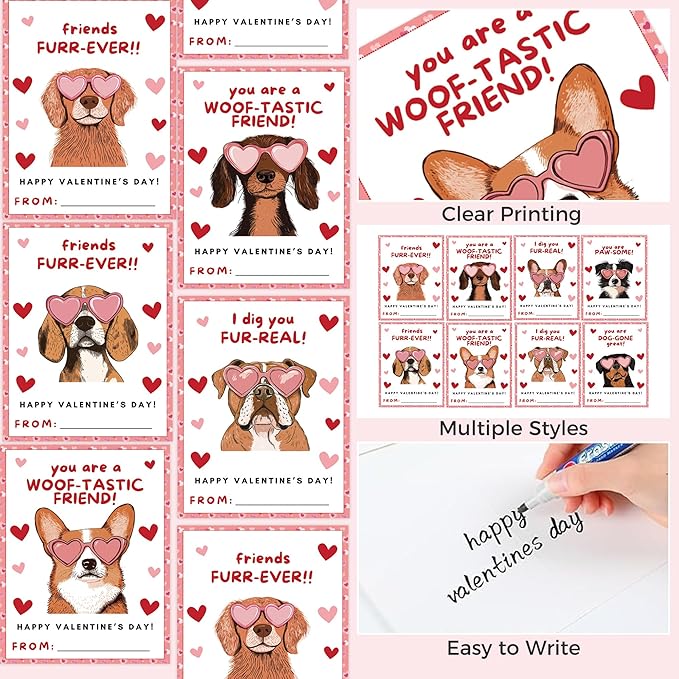 Valentine’s Day Cards for Kids Classroom, 48 Pcs Cute Dog Valentines Exchange Set with Envelopes Heart Stickers, Puppy Valentine Cards for Boys girls School Party Favors Gift Exchange