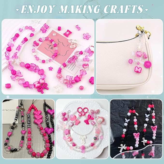 200-260PCS TINKRSTUFF Assorted Acrylic Beads Rose Pink Cute Beads for Bracelet Making, Bow Aesthetic GummyBear Flower Butterfly Kawaii Charms for Jewelry Making DIY Necklace Keychain Phone Charm