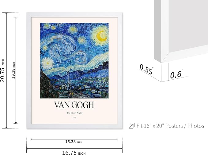 Monem Art Vintage Van Gogh Poster - Retro Impressionist Print - The Starry Night, Moon, Stars, Abstract - Gift for Artist, Friend - Wall Decor for Home, Office, 16x20 White Framed