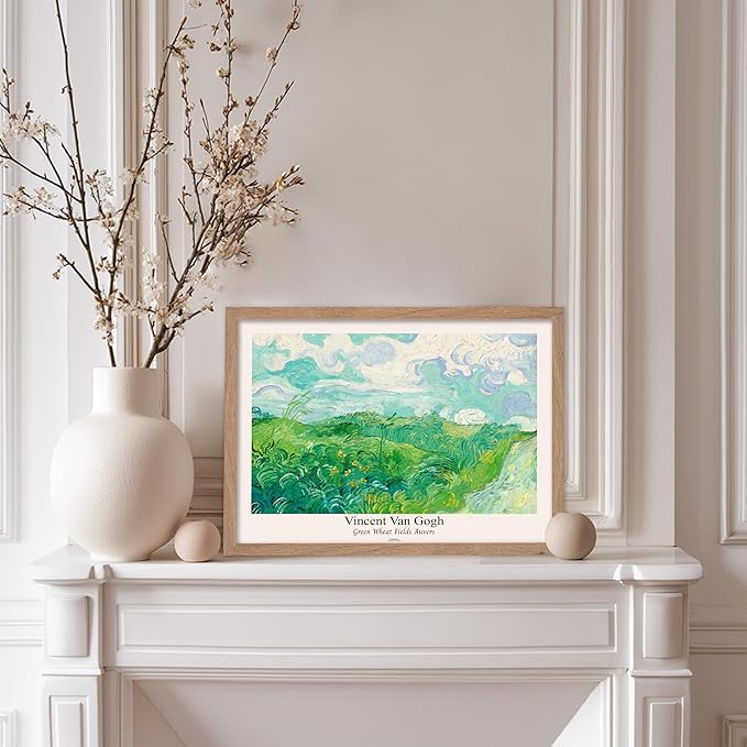Monem Art Vintage Van Gogh Poster - Retro Green Wheat Fields Auvers Print - Impressionism Art - Fine Art - Landscape Art - Classic Painting Art - Great Living Room Decor - 8x10 Beige Framed