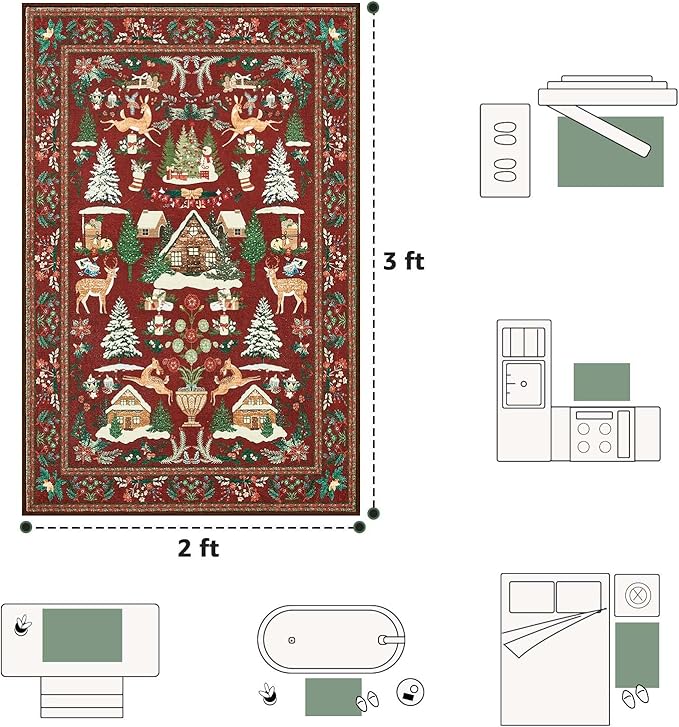 jinchan Christmas Rug 2x3 for Entryway Kitchen Small Maroon Holiday Rug for Porch Bathroom Christmas Tree and Cabin Printed Winter Xmas Decor Washable Doormat for Bedroom Non Slip