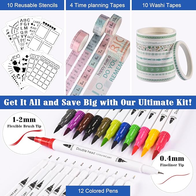 Bullet Dotted Journal Kit, 140gsm Hardcover A5 Dotted Journal with 188 Numbered Pages and 3 Index, 12 Brush Pens Dual Tip, 10 Stencils and 14 Washi Tape for Women Men Teen Girls, Navy