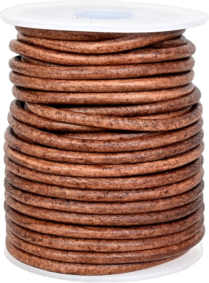 GENIQUE Real/Genuine Round Leather String Cord for Necklace, Bracelets, Jewellery, Braiding (3mm, Saddle Brown Distressed)