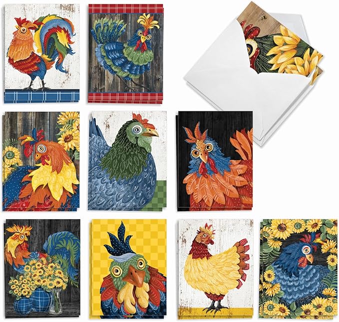 The Best Card Company - 20 Blank Notes with Envelopes - All Occasion Animal Assortment (10 Designs, 2 Each) - Spring Chickens AM2829OCB-B2x10