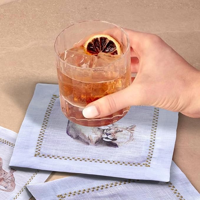 Cocktail Napkins Set of 6, 6x6 inch, 100% Linen, Printed Animal Pattern, Reusable & Washable Cloth Coasters for Beverages, Hosting, Gifting & Everyday Use (Lion Love)