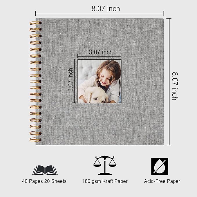 8 x 8 Inch Scrapbook Photo Album, DIY Memory Book Linen Cover for Photos, Hardcover Kraft White Pages Scrap Book Photo Albums for Travel, Wedding Anniversary Family Christmas Baby 40 Pages, Grey