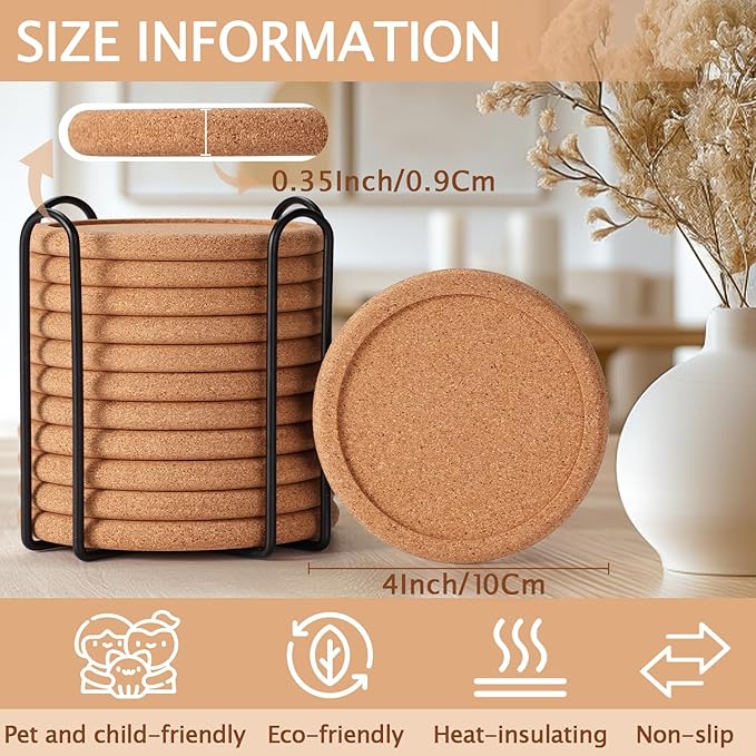 Cork Coasters for Drinks with Metal Holder, GOH DODD Absorbent Blank Coasters Tabletop Protection Home Decor for Housewarming Gifts Wedding Laser Engraving Wood Burning, Set of 12, Round, 4 Inch