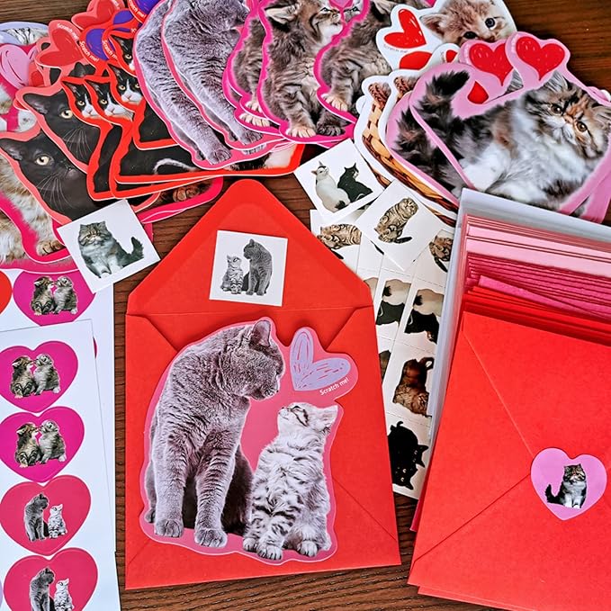 48 Sets Valentine's Day Cards Scratch & Sniff Strawberry Scented Valentine Cards Cat Kitten Pet Love Cards with Envelopes and Heart Stickers Tattoo for Kids Party Favor School Classroom Gift Exchange