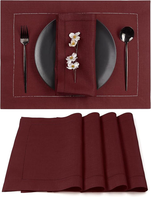 D'Moksha Homes Linen Placemats Set of 4 - Classic Hemstitch Dark Red Placemats 14 x 19 Inch - 100% Pure Linen Table Mats for Valentines, Spring - Handcrafted and Machine Washable