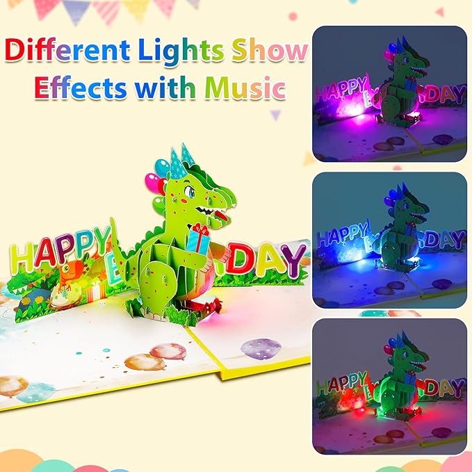 GREETING ART Dinosaur Musical Birthday Cards for Kids, Light & Music Pop Up Birthday Cards with Envelope, Dinosaur Theme Birthday Party Gifts for Son Grandson Women Men