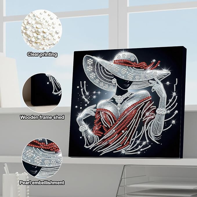 DIY Pearl Painting Kit with Wooden Frame, 3D Plastic Pearl Gemstone Ocean Art Craft for Adults Beginners, Diamond Art Kits for Adults, Home Wall Decor Ready Gift for Women(Red Dress Woman)(30 * 30cm)