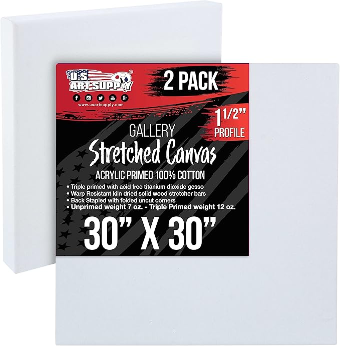 U.S. Art Supply X-Large Stretched Canvas for Painting 30x30 inch Gallery Depth 1-1/2" Thick, 2-Pack - 12oz Acrylic Gesso Triple Primed, Professional Artist Quality, 100% Cotton - Oil, Pouring Paint