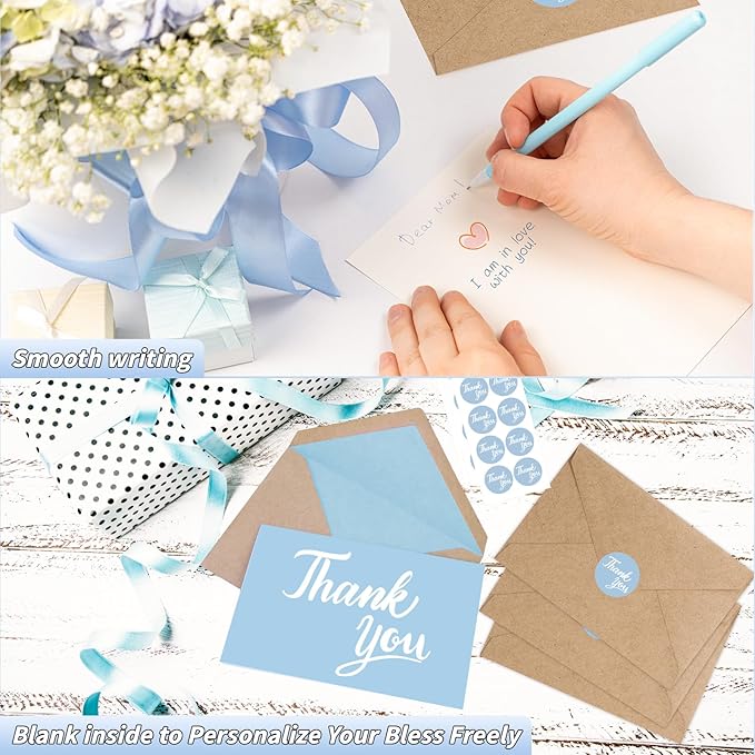 600 Pcs Light Blue Thank You Cards Bulk with Kraft Envelopes and Stickers 4x6 Inch Blank Thank You Notes Box Set Minimalistic Design for Business Wedding Baby Shower Graduation Bridal Shower Birthday