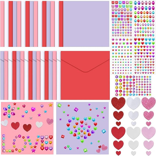 Tinlade 20 Pack Valentines Crafts Valentines's Day DIY Card Making Kit for Kids with 20 Cards 20 Envelopes 120 Foam Heart Stickers 10 Sheets Diamond Stickers for Boys Girls Classroom Exchange Gift