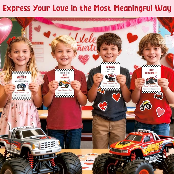 TICIAGA 72pcs Valentine’s Day Monster Truck Greeting Cards with Envelop and Sticker for Kid, 4 x 6 IN Monster Truck Notecard Exchange Gift for Boy Girl School Classroom Supply, Valentines Party Favor